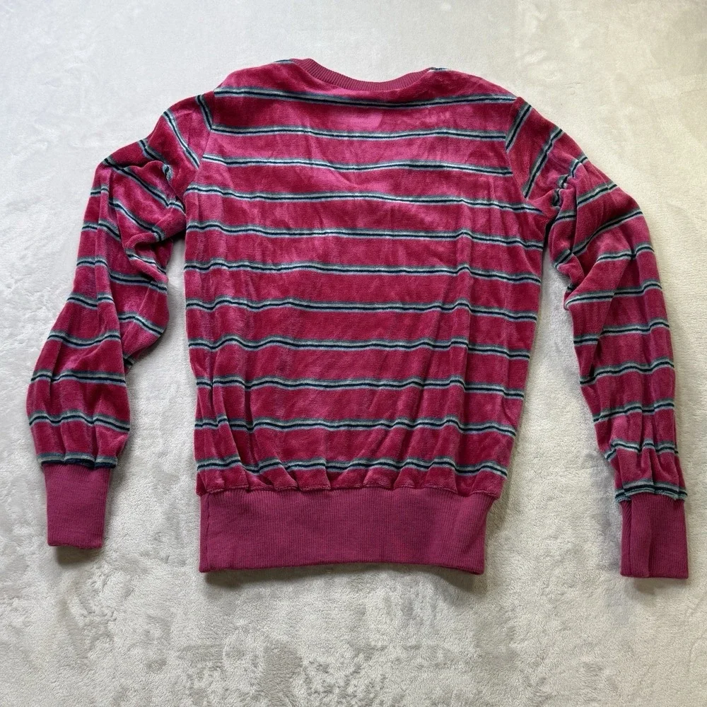 Vintage 70s California Ivy Velour Striped V Neck‎ Sweater Pink Medium
